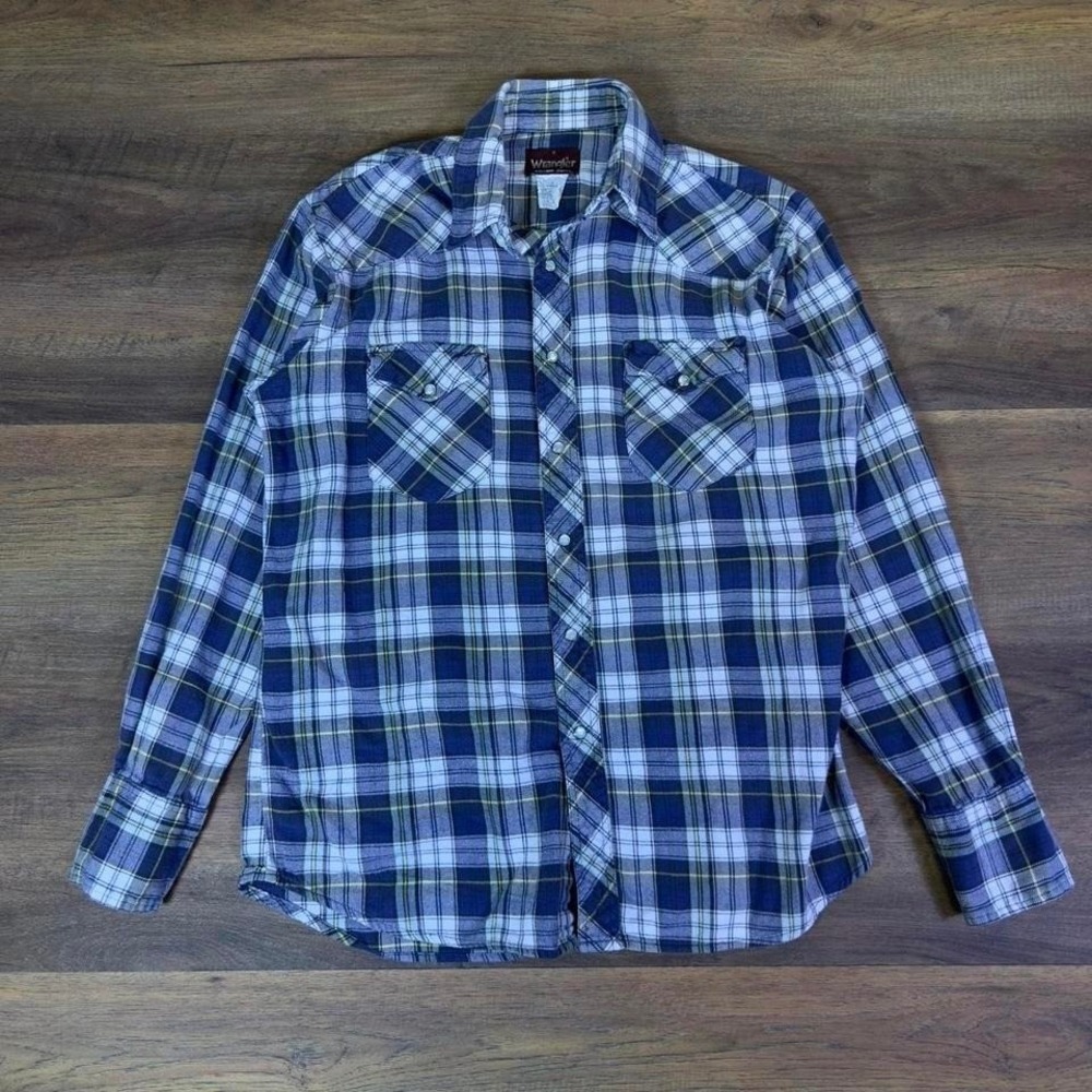 Wrangler Western Plaid Flannel Shirt Men's Medium Blue Gray Yellow